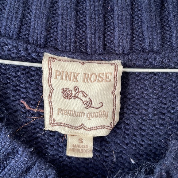 Pink rose navy blue chunky cable knit ribbed knitted crew neck Tunic sweater S - Picture 10 of 17